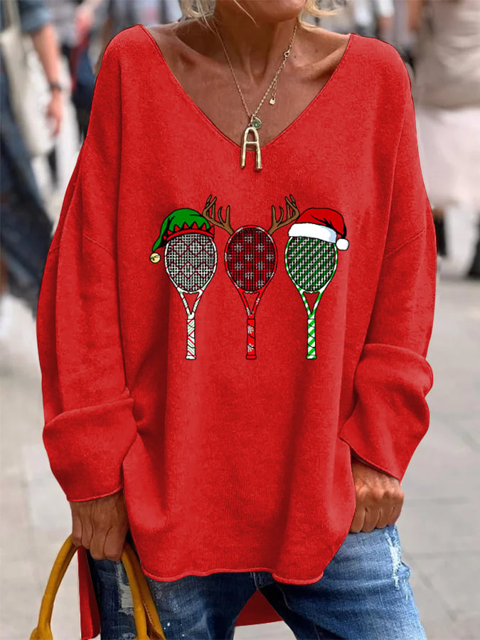 Women's Christmas Tennis Racket Printed French Cashmere V-Neck Top