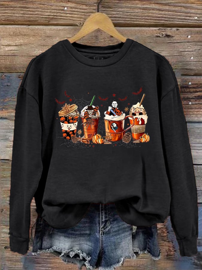 Women's Halloween Skeleton Coffee Cups Printed Sweatshirt