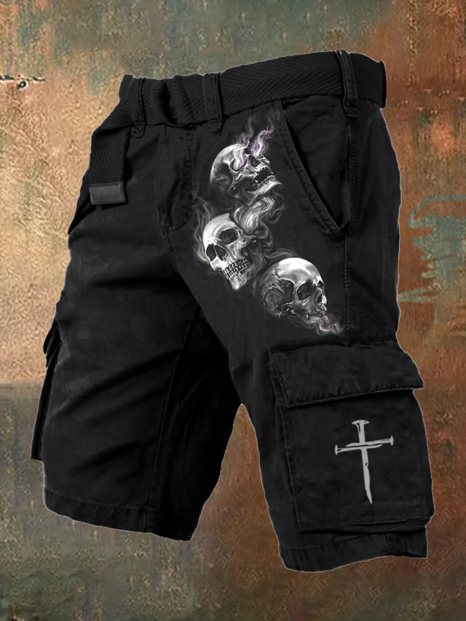 Men's Retro Dark Style Skull Print Work Shorts (Without Belt)