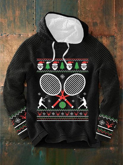 Men's Christmas Tennis Racket Print Casual Hooded Sweatshirt