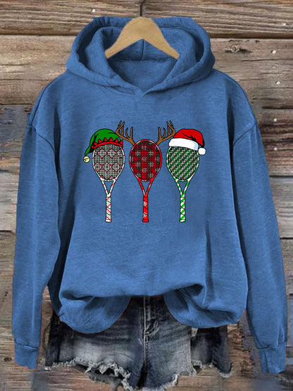 Women's Christmas Tennis Racket Print Casual Hooded Sweatshirt