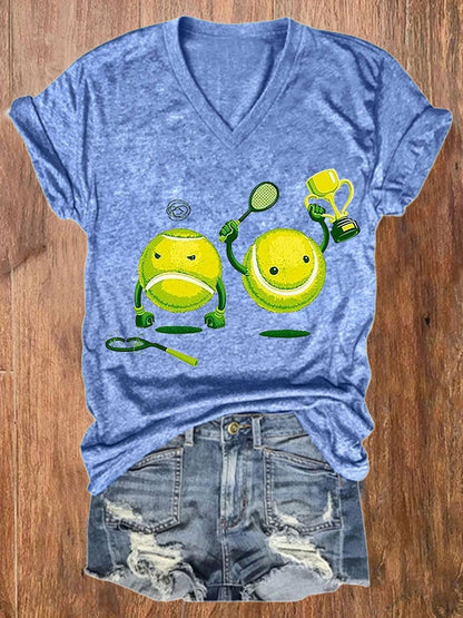 Women's Funny Tennis Print Casual V-Neck Tee