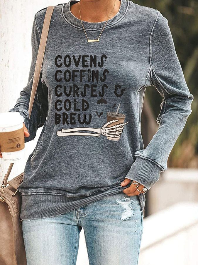 Women's Vintage Halloween Covens Coffins Coffee Cold Brew  Printed Sweatshirt