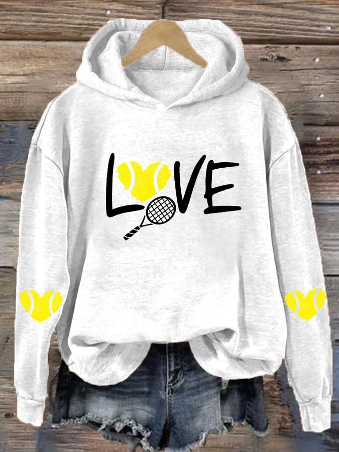 Women's love tennis printed casual hooded sweatshirt