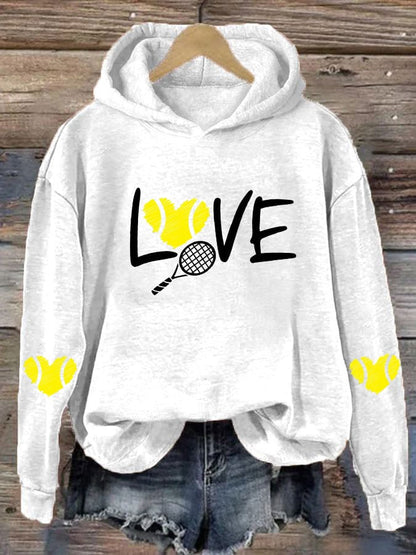 Women's love tennis printed casual hooded sweatshirt