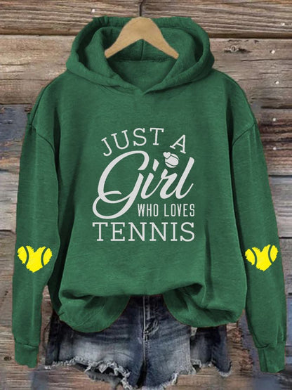 Women's "Just A Girl Who Loves Tennis" Printed Casual Hooded Sweatshirt
