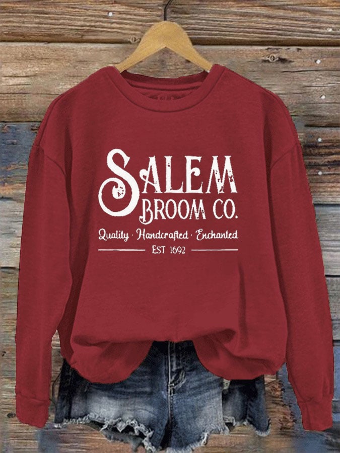 Women's Salem Broom Co Quality Handcrafted Enchanted Est 1692 Print Crew Neck Sweatshirt