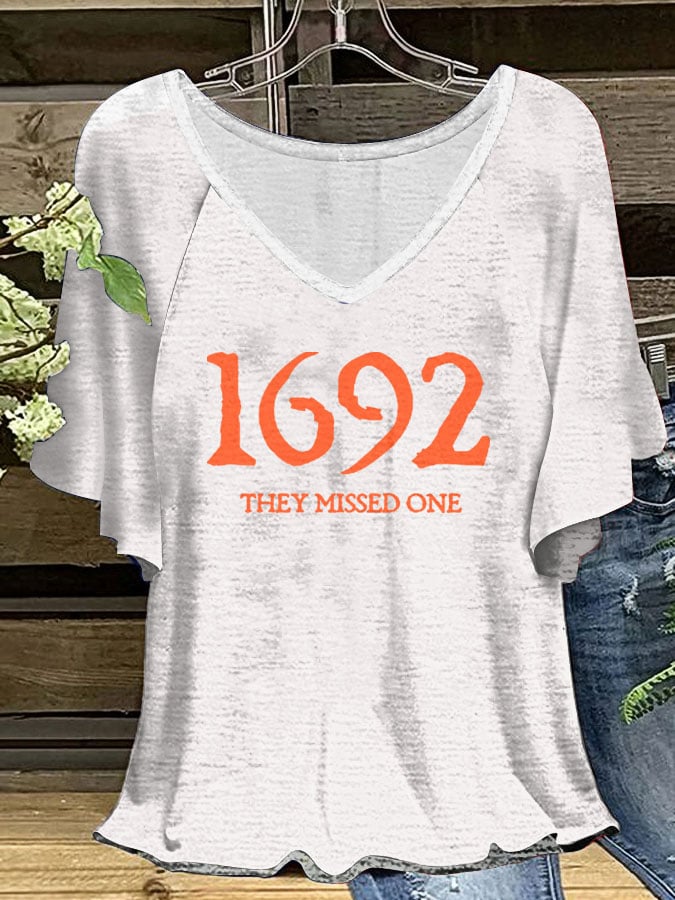 Women's Salem 1692 They Missed One Print V-Neck Ruffle Sleeve T-Shirt