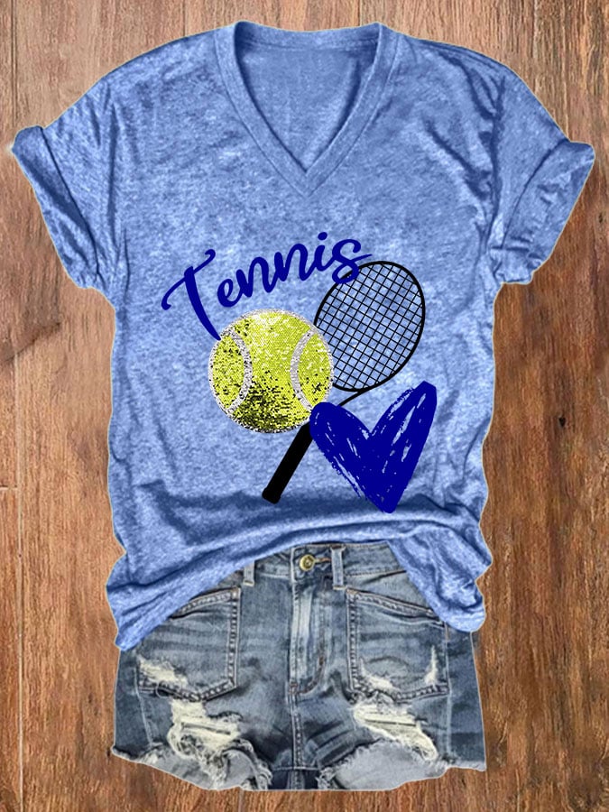 Women's Tennis Print Casual V-Neck Tee
