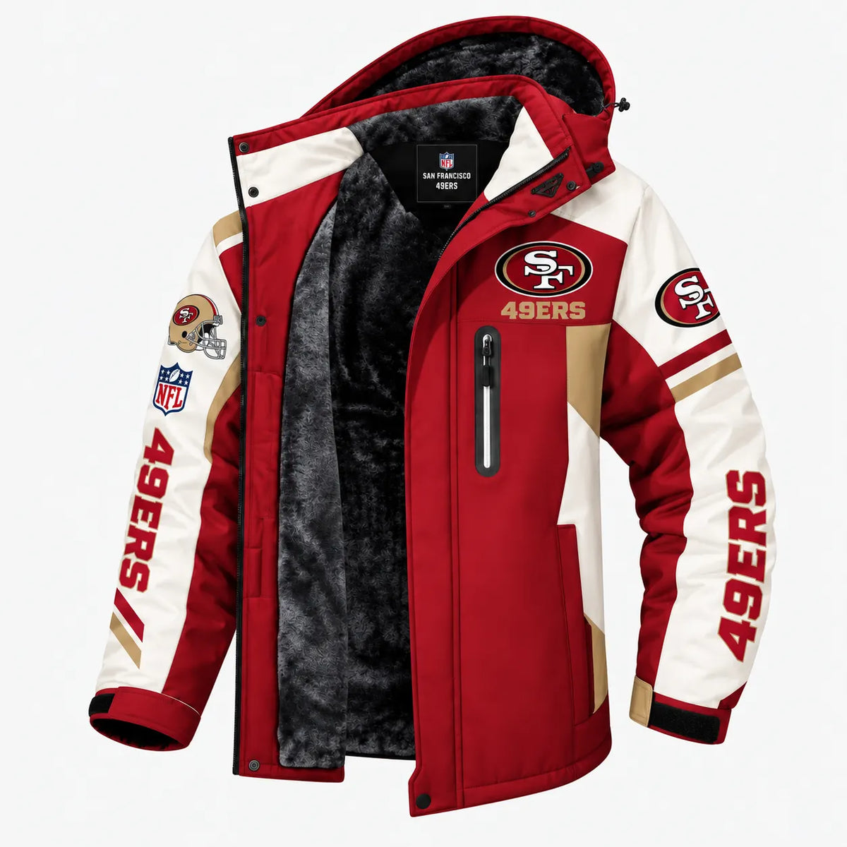AEGE SAN FRANCISCO 49ERS TEAM LOGO FOOTBALL GRAPHIC FLEECE LINED HOODED JACKET