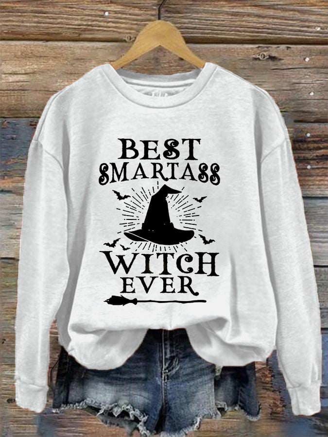 Women's Halloween Best Smartass Witch Ever Print Crew Neck Sweatshirt