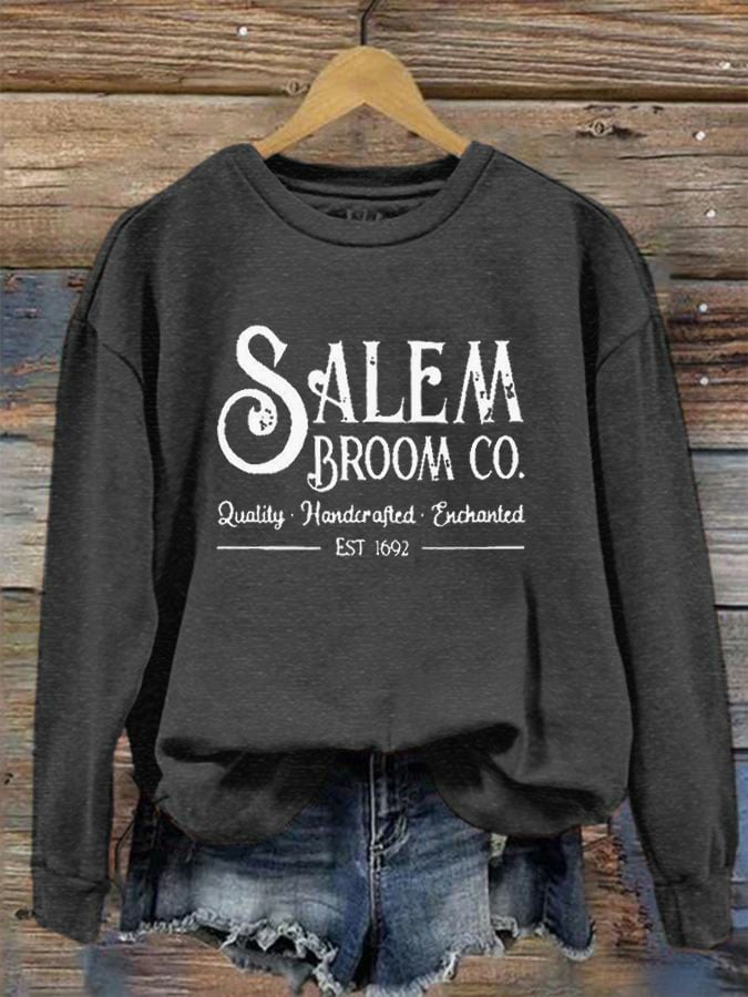 Women's Salem Broom Co Quality Handcrafted Enchanted Est 1692 Print Crew Neck Sweatshirt