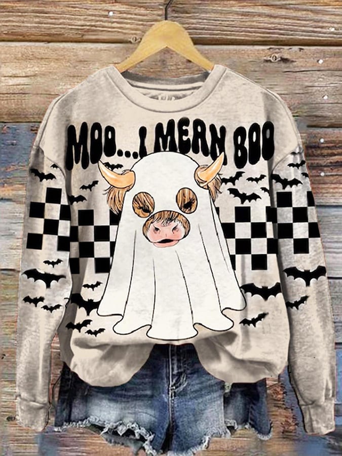 Women's Casual I Mean Boo Ghost Cow Print Long Sleeve Sweatshirt