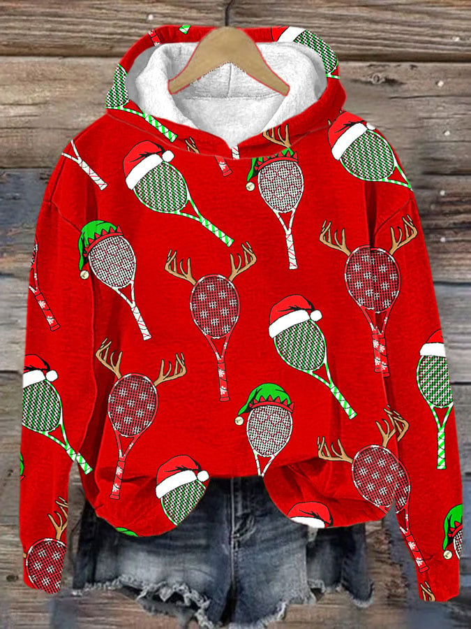 Women's Christmas Tennis Racket Print Hooded Sweatshirt